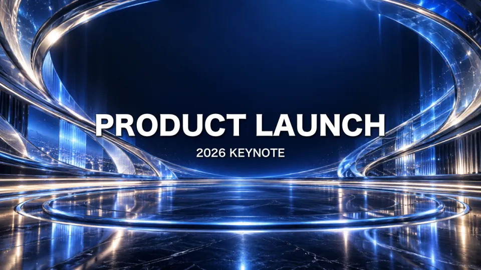 プレゼンテーション:光の輪が広がる講堂の背景に PRODUCT LAUNCH のタイトル