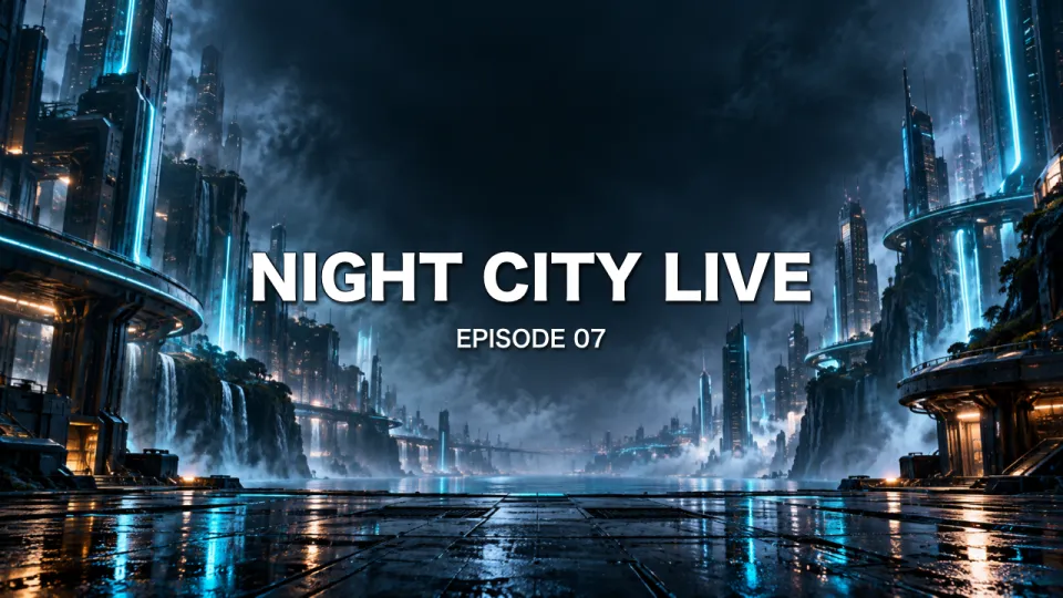 サイバーパンク:ネオンの雨の街の背景に NIGHT CITY LIVE のタイトル