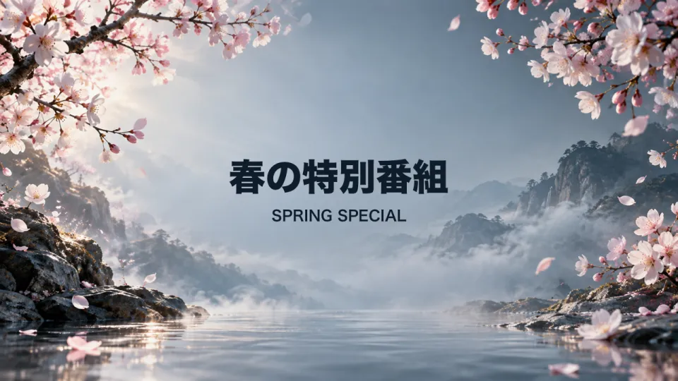 春:桜と霧の水辺の背景に「春の特別番組」のタイトル