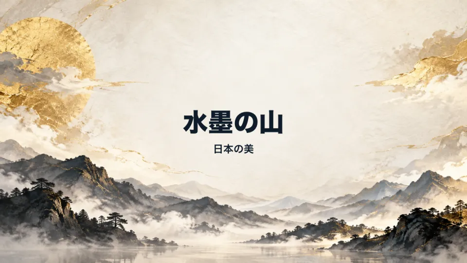 水墨画:墨の山並みの背景に「水墨の山」のタイトル