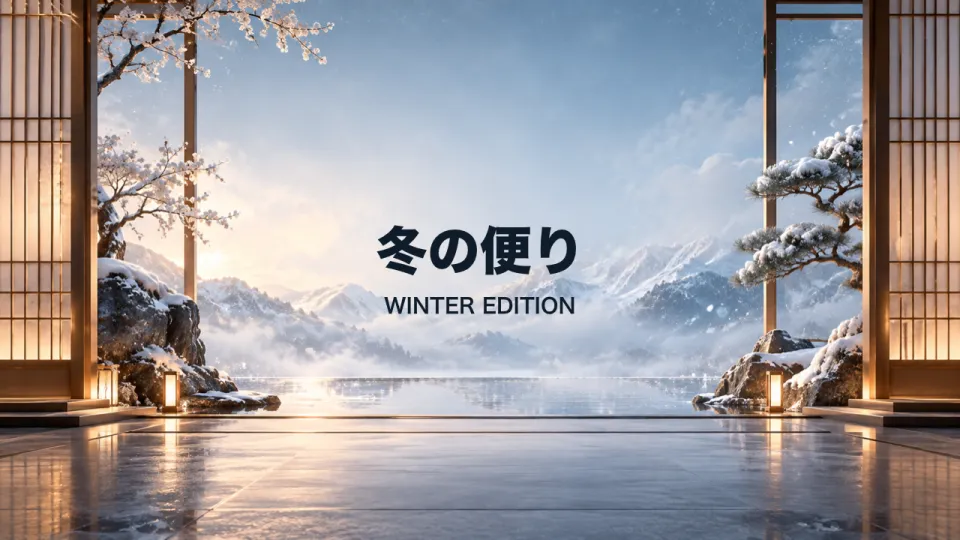 冬:雪景色と障子の背景に「冬の便り」のタイトル